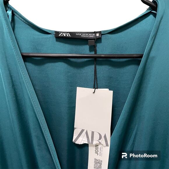 NWT Zara Teal Long Sleeve Satin Mini Dress Elastic Waist Ruffled Hem V-Neck M - Picture 8 of 11